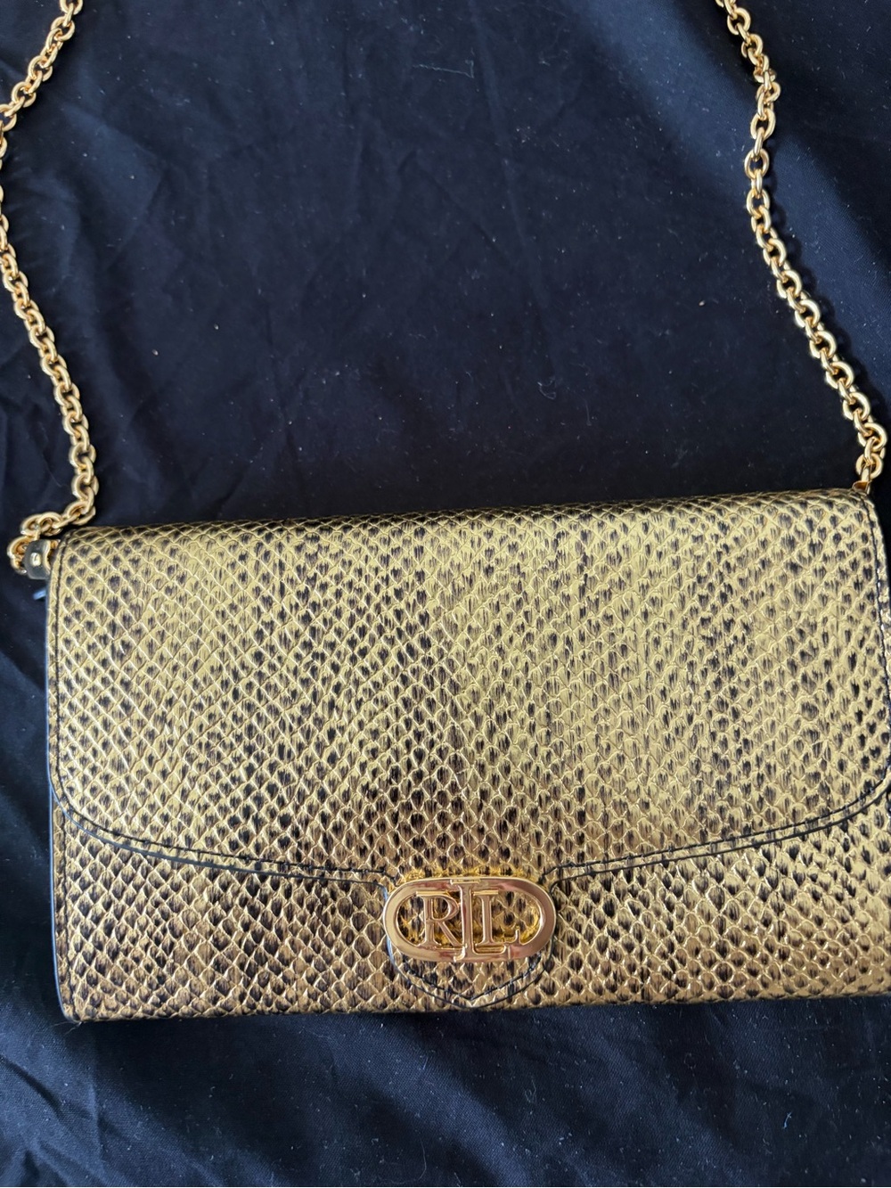 Ralph Lauren Metallic Gold Snake Embossed Chain Crossbody Clutch
